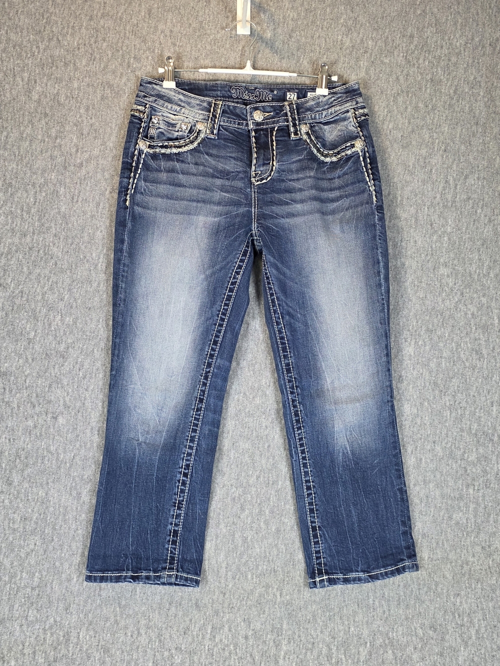 Miss Me Distressed Mid-Rise Easy Crop Contrast Stitched Distressed Jeans W27